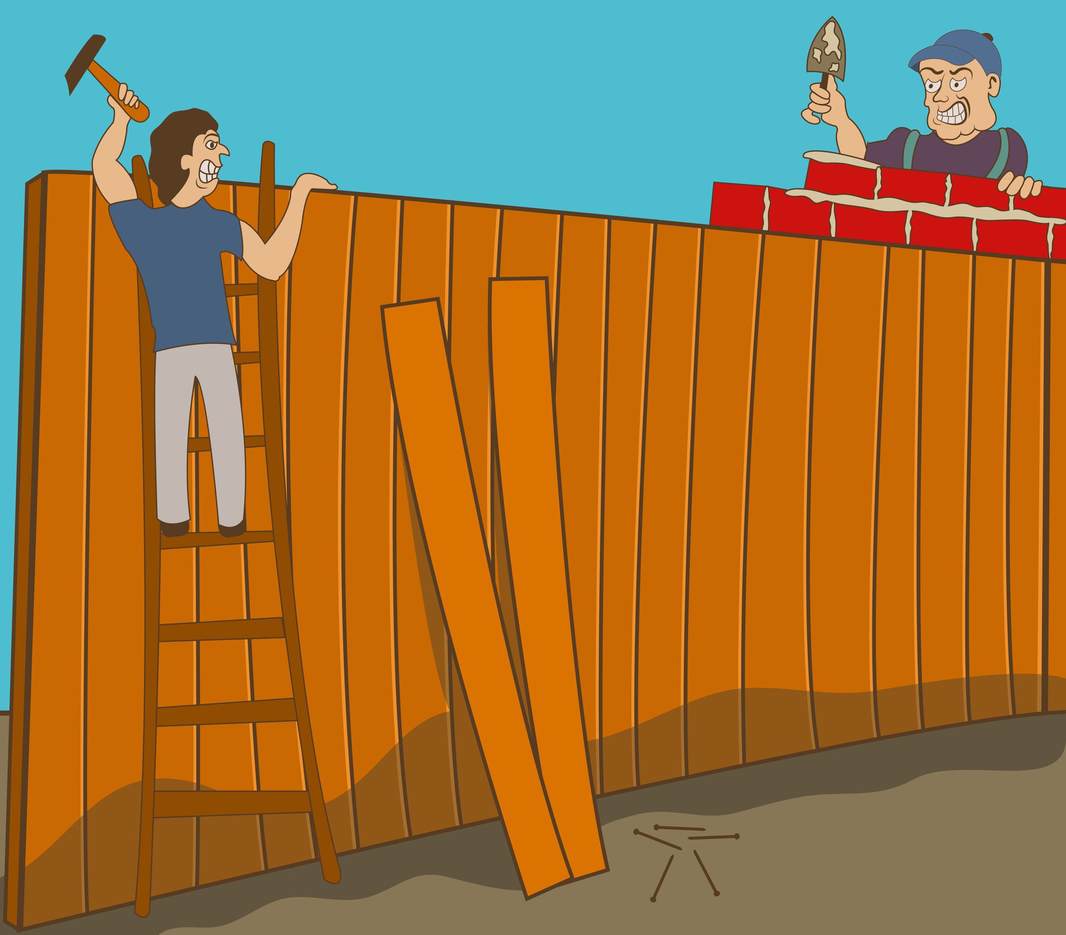Сделать по соседски. Забор карикатура. Соседи через забор. Сосед за забором. Забор рисунок.
